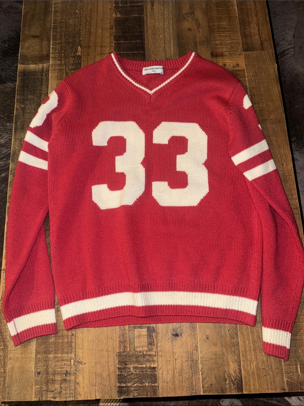 Men's Red V-Neck Knit Sweater with White Number 33
